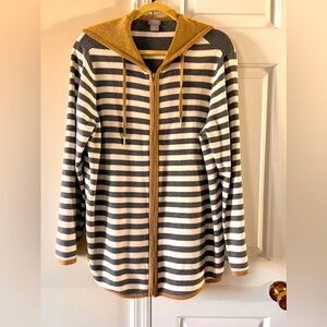 Gray and white long sleeve hoodie sweater with gold metallic accent.